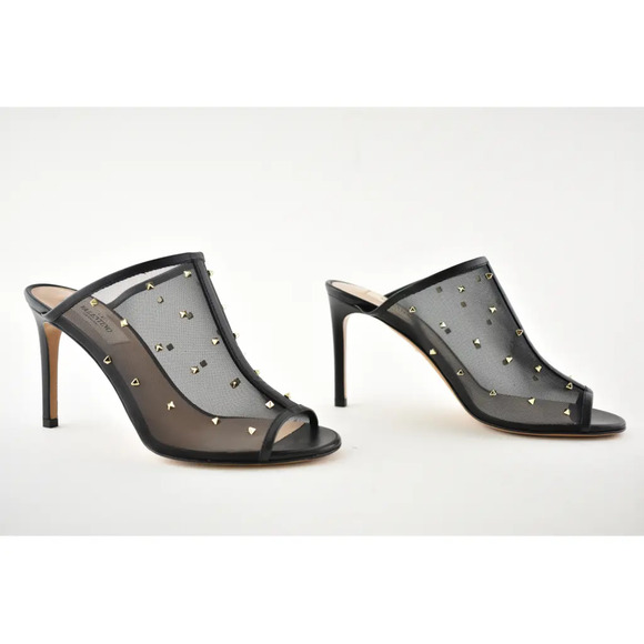 Valentino Rockstud Black Shining Mesh Mule Slide Backless Sandal Heel Pump 41 - Picture 4 of 10